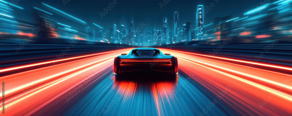 Fototapeta premium A futuristic racing car zooming down a glowing track at night