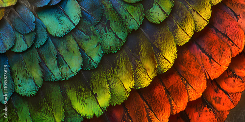 Extreme Close-up of Parrot Wing. Intricate Scales and Patterns in Vivid Colors photo