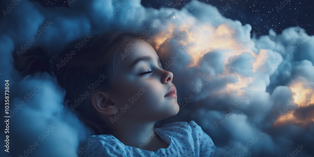 Cute little girl sleeping and dreaming in the clouds with stars in the background
Cute little girl sleeping and dreaming in the clouds with stars in the background