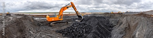 Coal mining in an open pit. Mining excavator loads coal in haul truck in quarry. Excavator digging in an open pit coal mine. Tipper truck hauling minerals from open-pit. Heavy machinery in opencast.