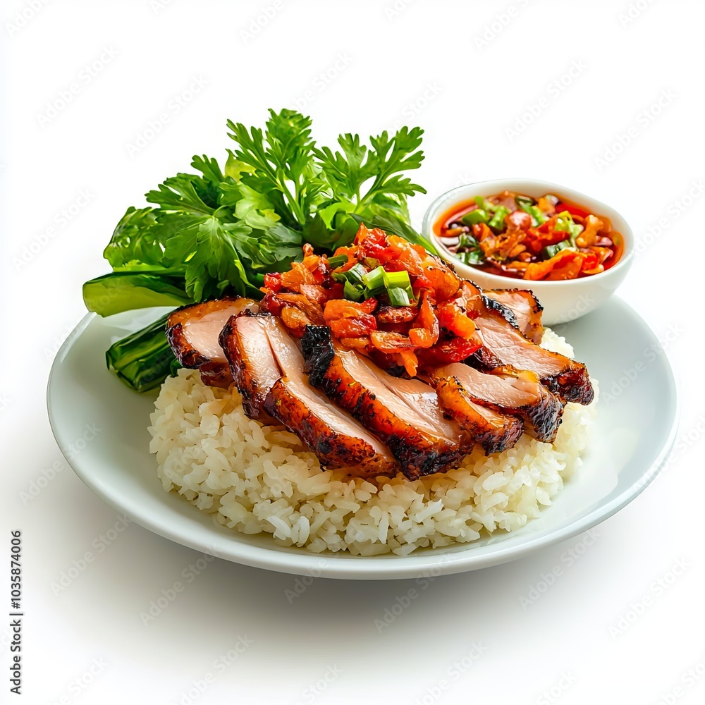 A white plate topped with meat and rice A white plate topped with meat and rice