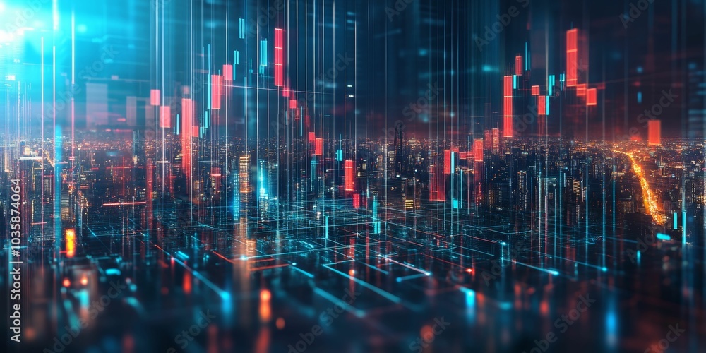 Cityscape with digital lines and data graphs. Cityscape with digital lines and data graphs.