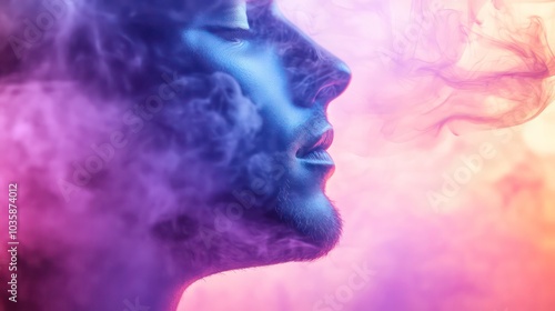 Wallpaper Mural A man's face is partially obscured by colorful smoke, creating a surreal and dreamlike effect. Torontodigital.ca