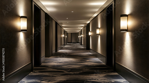 The peaceful corridor of the hotel is adorned with subtle modern lighting that casts a warm glow on the dark walls and plush carpet, instilling a sense of calm and luxury.