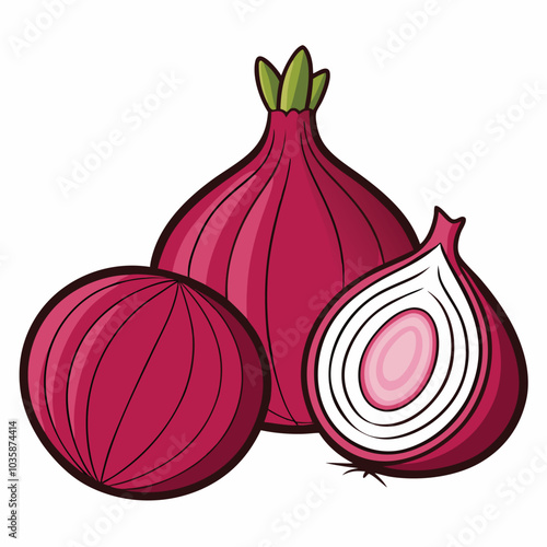 Red onions isolated on white background. Whole purple onion bulb and half. Vector vegetables illustration in flat style