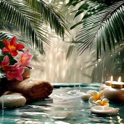 Discover tranquility in a lush tropical oasis with serene waters and elegant blooms