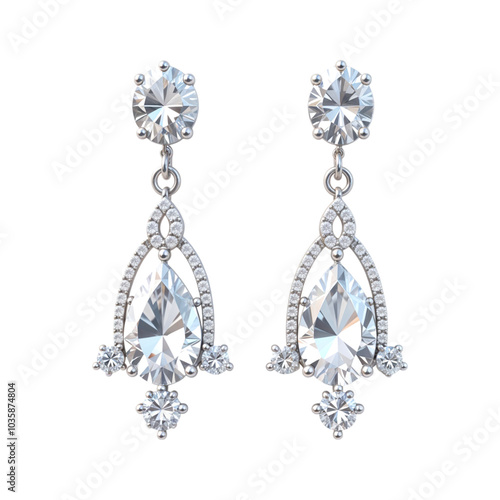 Silver earrings with diamonds on transparent background. Jewerly