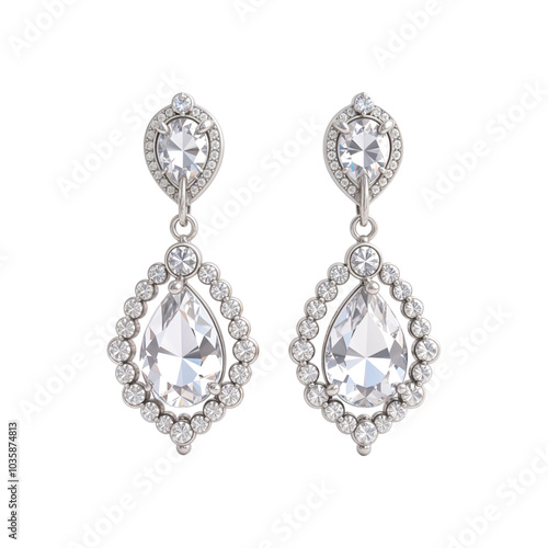 Silver earrings with diamonds on transparent background. Jewerly