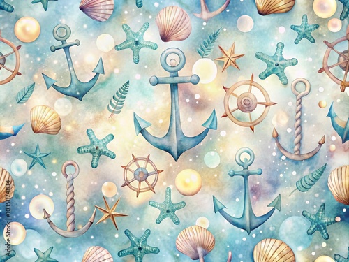 Watercolor Nautical Seamless Pattern with Bokeh Effect for Coastal Decor and Design photo