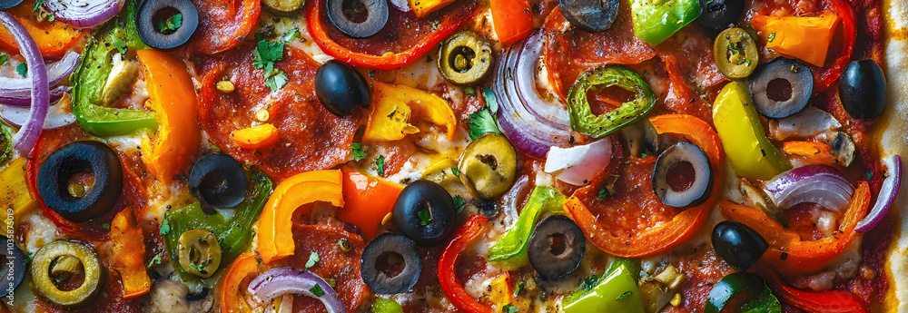 A vibrant vegetable pizza loaded with colorful toppings like bell peppers, onions, olives, and mushrooms on a whole wheat crust. - A vibrant vegetable pizza loaded with colorful toppings like bell peppers, onions, olives, and mushrooms on a whole wheat crust. -