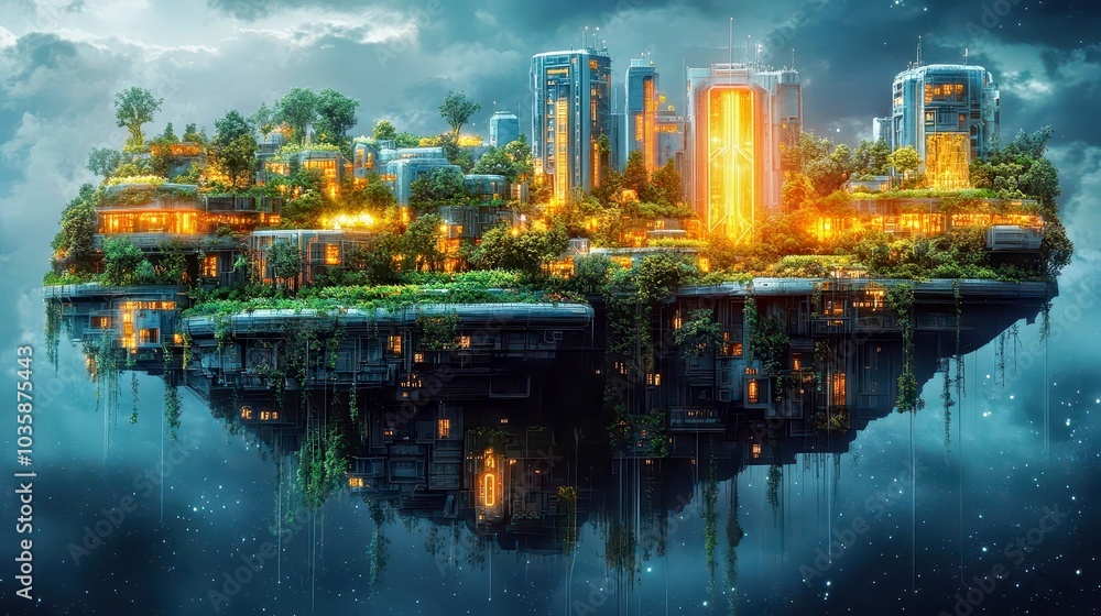 Fototapeta premium Futuristic Floating Cityscape with Lush Gardens and Urban Style