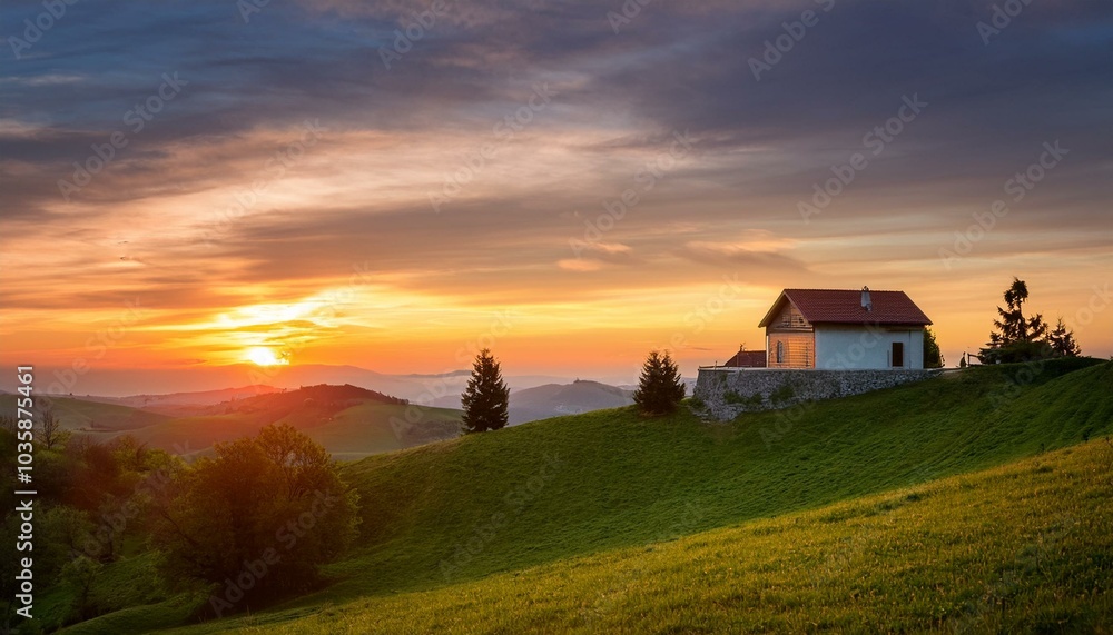Fototapeta premium a picturesque landscape with a house on a hill bathed in the soft light of a colorful sunset