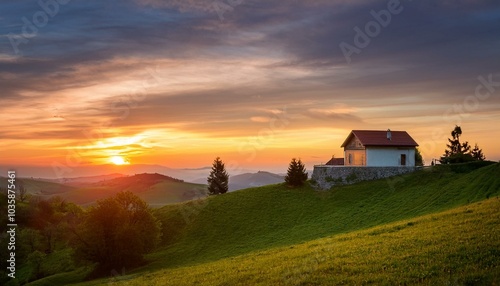 a picturesque landscape with a house on a hill bathed in the soft light of a colorful sunset