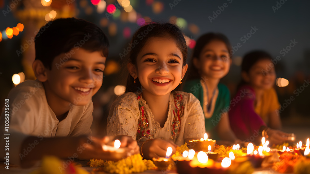 Group of Children from Diverse Backgrounds Lighting Diyas – Celebrating Unity and Cultural Traditions Group of Children from Diverse Backgrounds Lighting Diyas – Celebrating Unity and Cultural Traditions