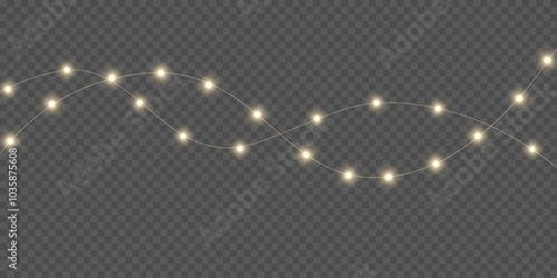 Festive Christmas light gold garlands PNG. Decor element for postcards, invitations, backgrounds, business cards. Winter new collection 2024