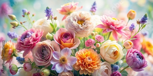 Watercolour Flower Composition in Tilt-Shift Style on White Background for Art and Design Use