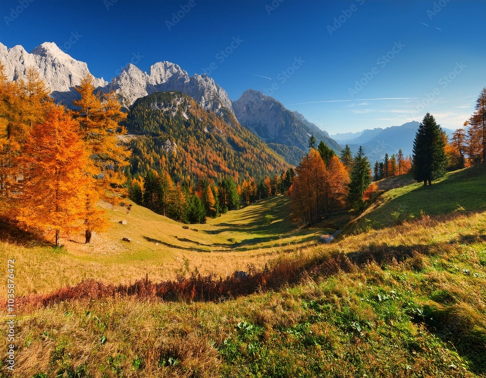 autumn foliage the valley under the peaks of julian alps udine province friuli venezia giulia region italy autumn foliage the valley under the peaks of julian alps udine province friuli venezia giulia region italy