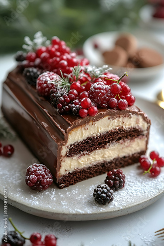 A festive chocolate cake layered with cream, adorned with berries and powdered sugar, perfect for seasonal celebrations.