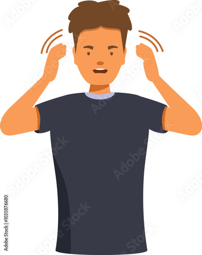 Young man is covering his ears, suffering from a loud sound or headache