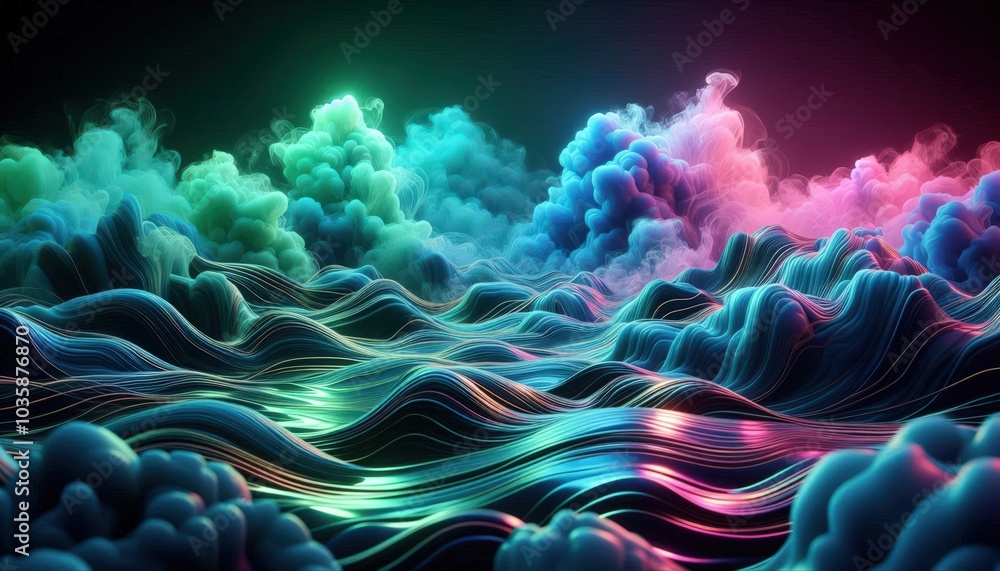 Obraz premium Vibrant Abstract Landscape with Colorful Waves and Clouds