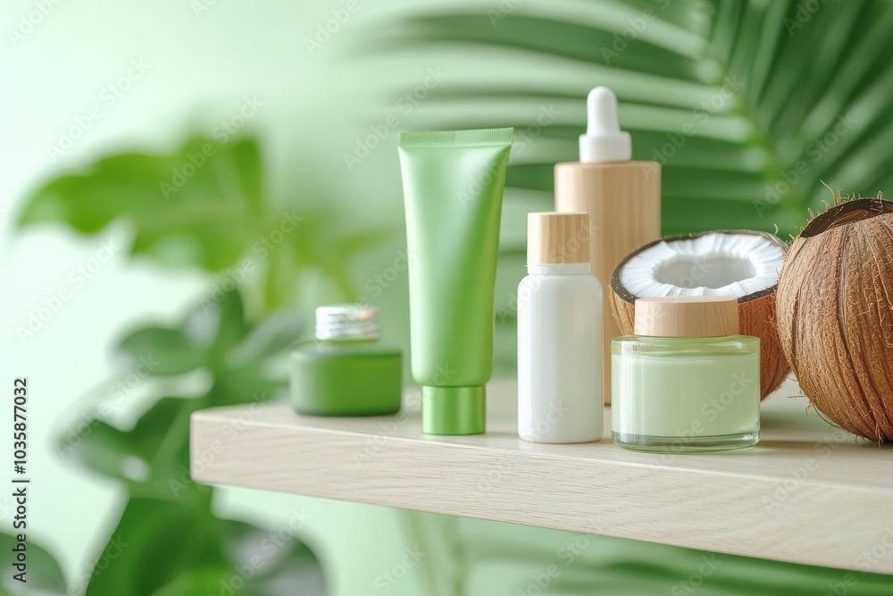 Clean skincare shelf featuring coconut oilbased products, in an ecofriendly packaging, coconut oil beauty, sustainable skincare Clean skincare shelf featuring coconut oilbased products, in an ecofriendly packaging, coconut oil beauty, sustainable skincare