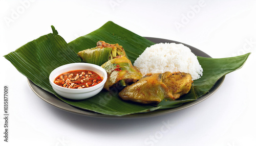 Indonesian culinary delight! Savour Ayam Betutu, Balinese spiced chicken, delicately wrapped in banana leaves, served with fragrant rice and a zesty sambal. A feast for the senses! photo