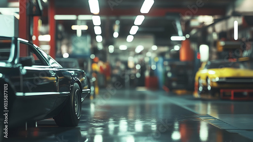 Wallpaper Mural Blurred interior of a car maintenance center, emphasizing the busy environment  - Torontodigital.ca