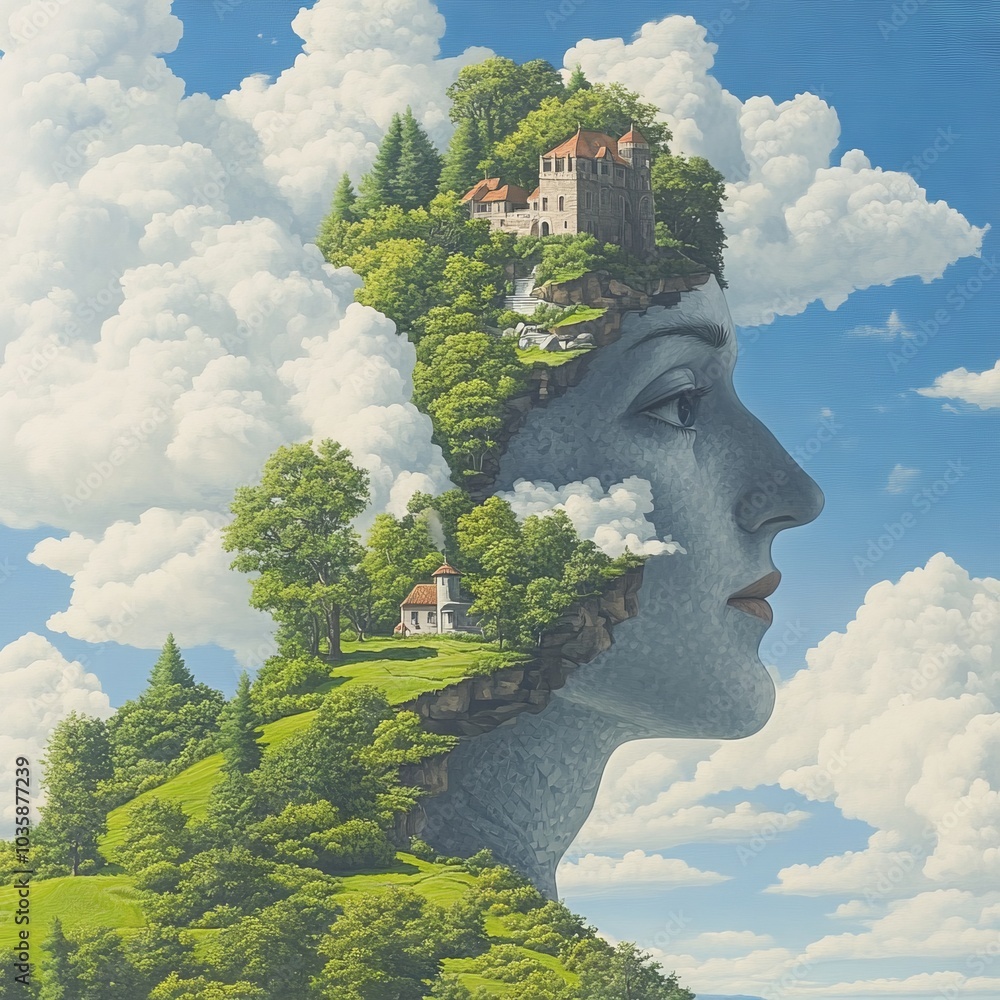 Fototapeta premium A surreal landscape featuring a woman's profile filled with nature and buildings.