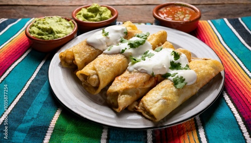 chicken flautas accompanied by cheese cream and guacamole presented at a traditional mexican restaurant