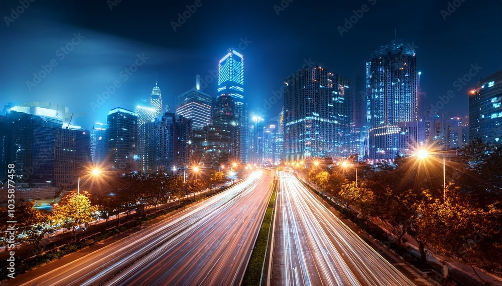 Fototapeta premium city at night with lit streets and glowing traffic lights