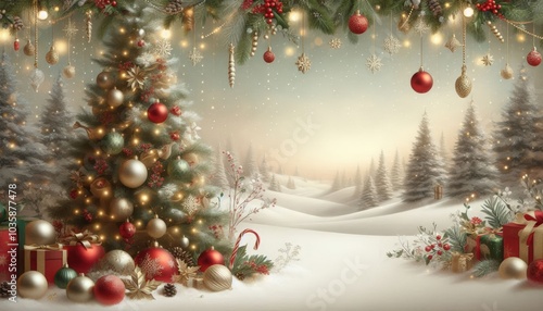Festive Christmas Scene with Tree and Gifts