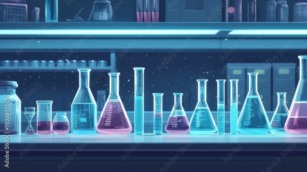 Minimalist Futuristic Science Lab with Test Tubes and Beakers on Plain Background for Presentations and Education Minimalist Futuristic Science Lab with Test Tubes and Beakers on Plain Background for Presentations and Education