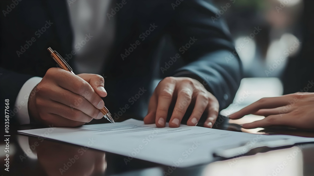 Businessman signing a contract with pen in hand, focused on a professional moment - Businessman signing a contract with pen in hand, focused on a professional moment -