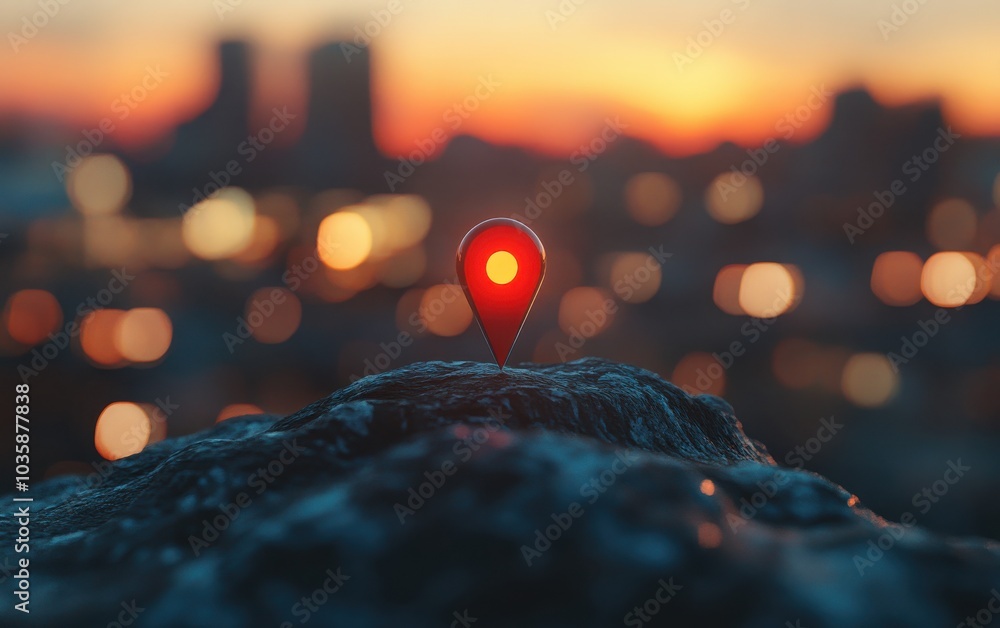 A captivating scene of a map pin location button sitting on a rock, with the warm glow of sunset casting light over a blurred cityscape A captivating scene of a map pin location button sitting on a rock, with the warm glow of sunset casting light over a blurred cityscape