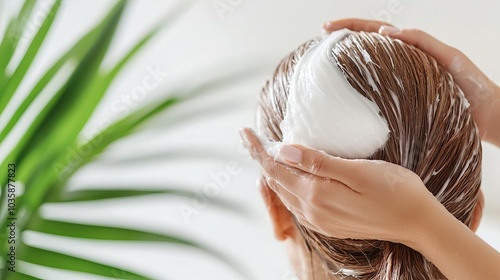 Coconut oil hair mask being applied, with a woman s hair glowing in soft, tropical light, coconut oil for hair, natural hair care photo