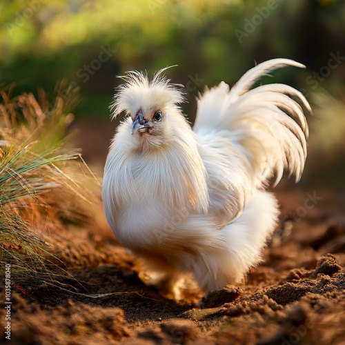 curious and alert fluffy white silkie chicken exploring a dirt patch alone