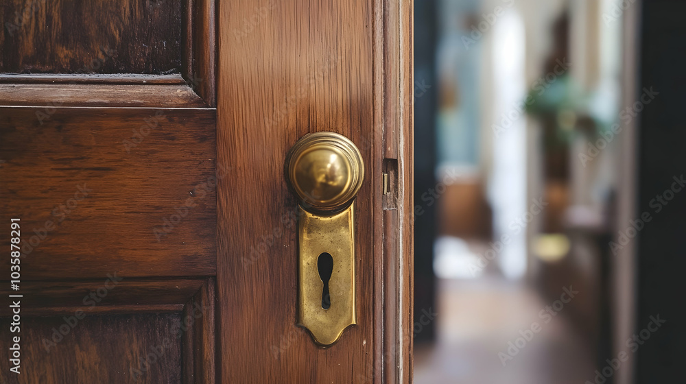 Obraz premium Close-up of a wooden door with a brass handle, slightly opened to reveal the room behind it -