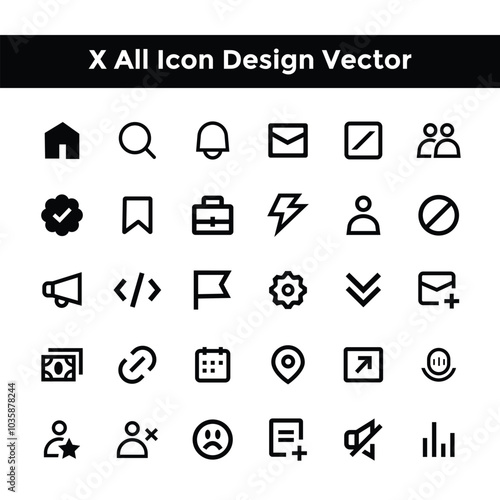 X or Twitter icon or UI  interface icon or logo set vector design symbol collation. X  all design elements vector. Social media icons home, search, notification, message, grok, more, profile etc.