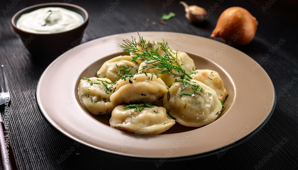 dumplings filled with potato or meat served with dill roasted onions and a sour cream sauce showcasing a traditional homemade dish from eastern european cuisine dumplings filled with potato or meat served with dill roasted onions and a sour cream sauce showcasing a traditional homemade dish from eastern european cuisine