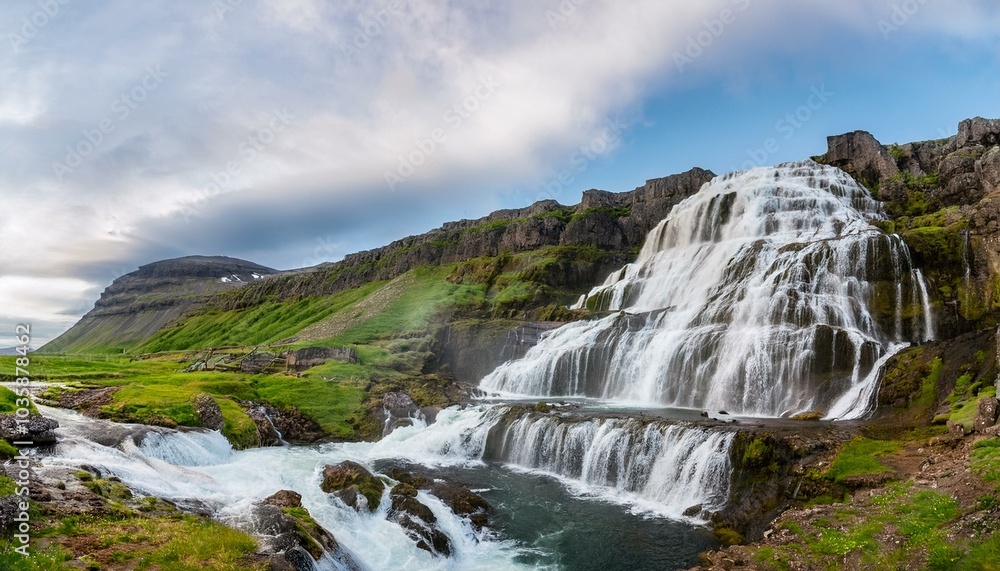 Fototapeta premium dynjandi is one the most famous waterfall of the west fjords of iceland at summer