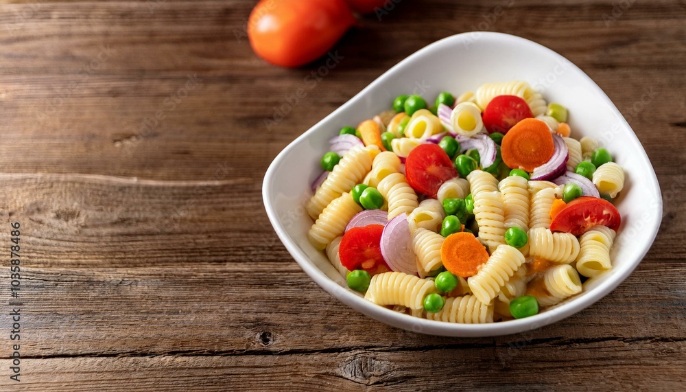 elbow pasta salad with carrots onions tomatoes green peas and mayonnaise dressing in a white bowl on a wooden surface elbow pasta salad with carrots onions tomatoes green peas and mayonnaise dressing in a white bowl on a wooden surface