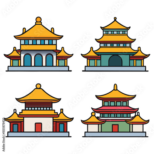 religious taoism, Chinese house building cartoon vector illustration. white background