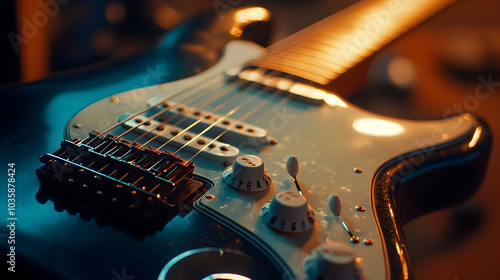 Close-up of an electric guitara??s strings and controls illuminated by warm lighting  - photo