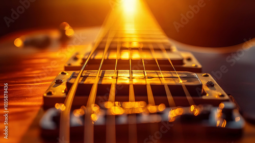 Close-up of an electric guitara??s neck and strings, illuminated by warm sunset light  - photo