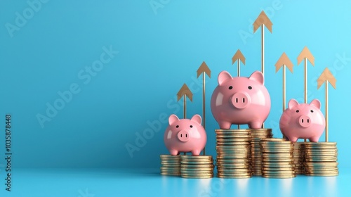 Wallpaper Mural A blue background with three pink piggy banks on top of a pile of gold coins Torontodigital.ca