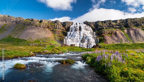 dynjandi is one the most famous waterfall of the west fjords of iceland at summer photo