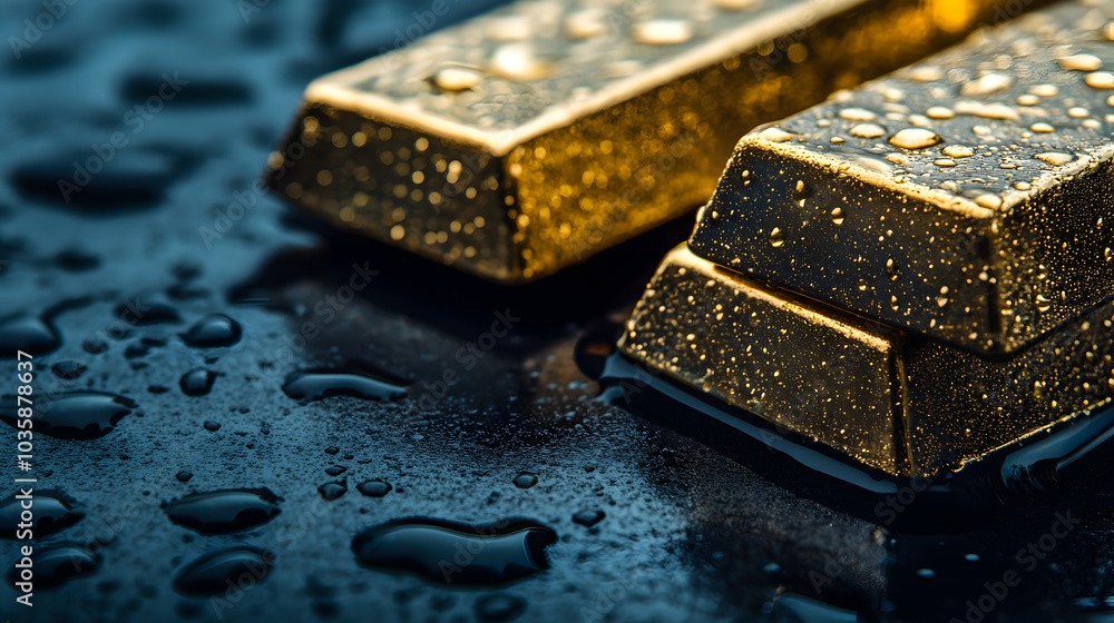 Golden bars resting on a wet surface with drops of water reflecting subtle light Golden bars resting on a wet surface with drops of water reflecting subtle light