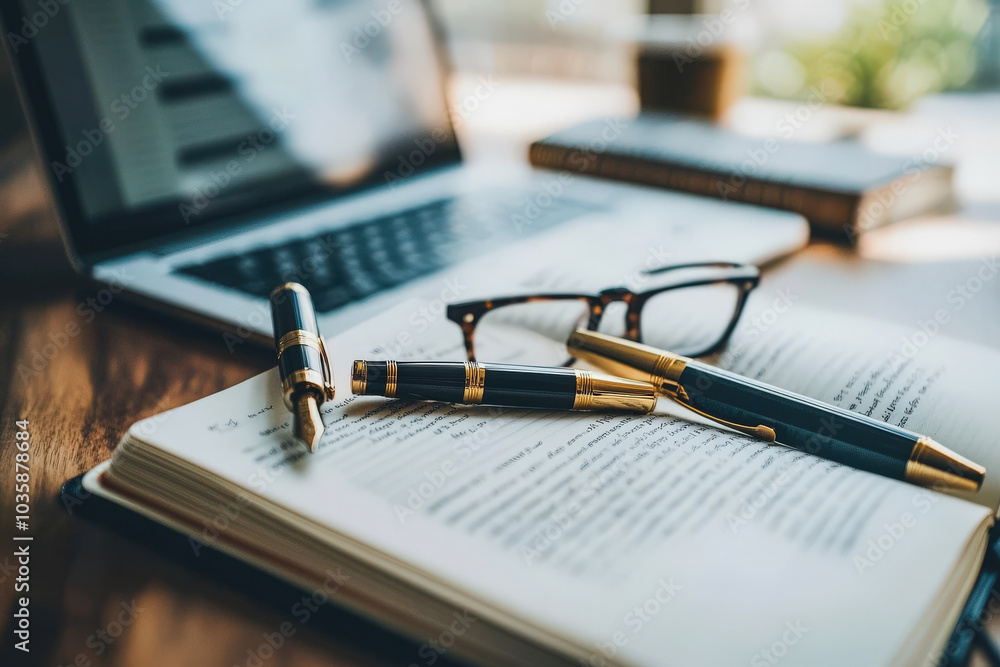 Elegant Workspace with Book, Pens, and Glasses Elegant Workspace with Book, Pens, and Glasses