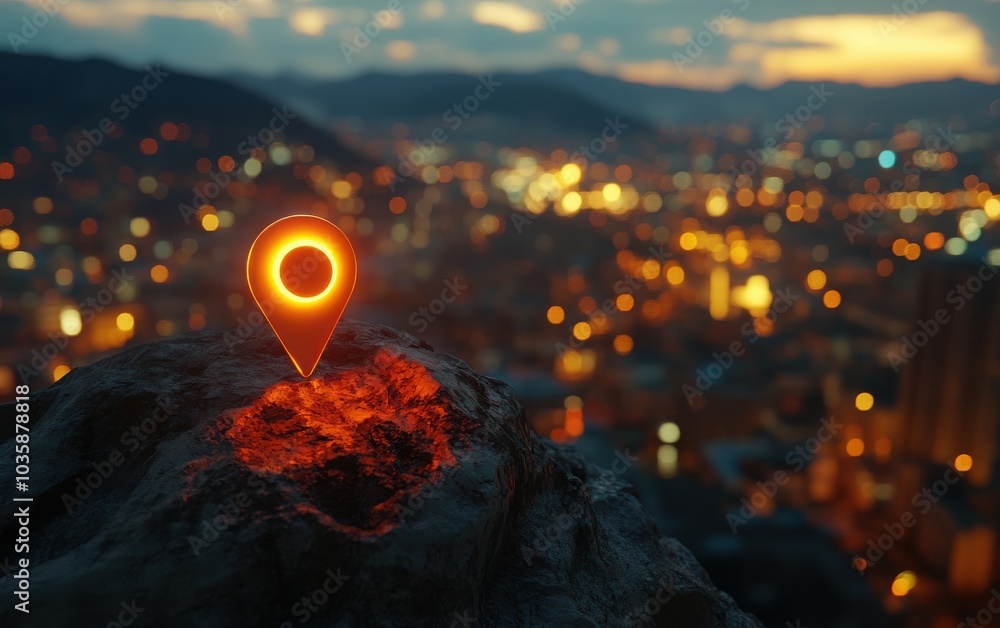 A glowing map pin location button resting on a rock, set against a blurred cityscape illuminated by the warm light of sundown A glowing map pin location button resting on a rock, set against a blurred cityscape illuminated by the warm light of sundown
