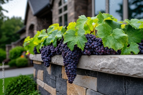 A Wineberry vine climbing along a stone wall, creating a beautiful blend of architecture and nature photo